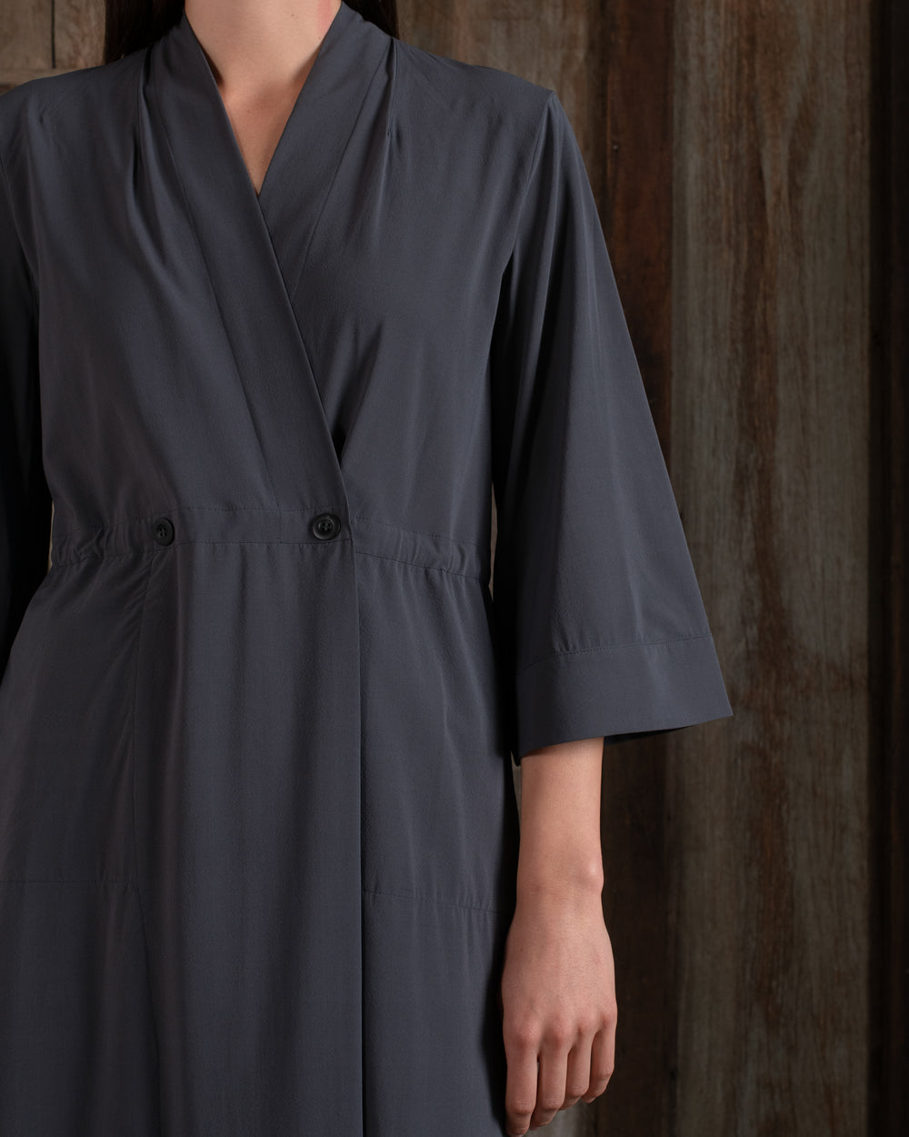 Kimono Sleeve Coat Dress Silk Crepe Charcoal
