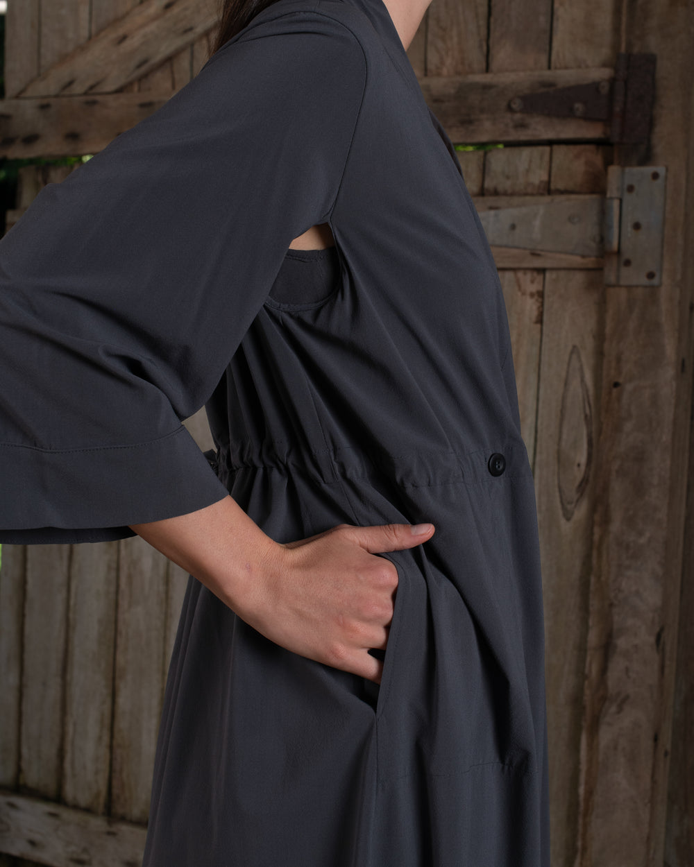 Kimono Sleeve Coat Dress Silk Crepe Charcoal