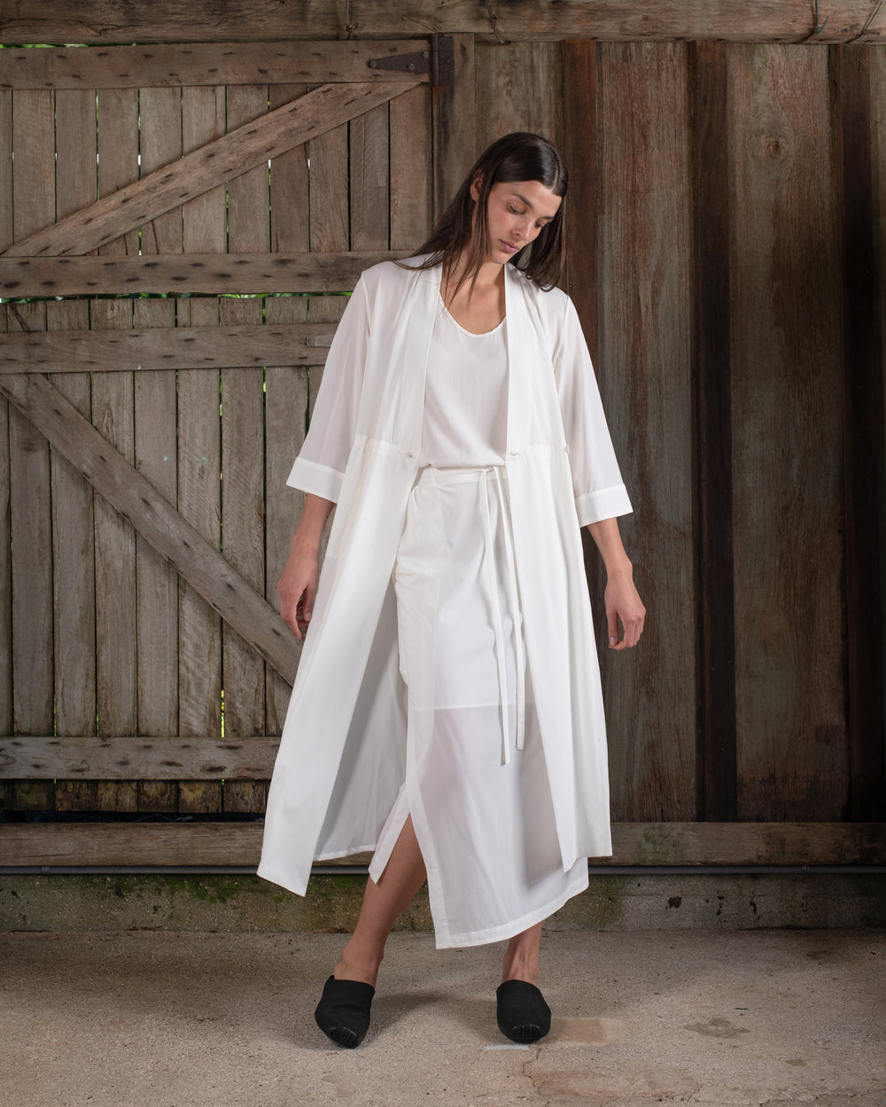 Kimono Sleeve Coat Dress Silk Crepe White - Main Image