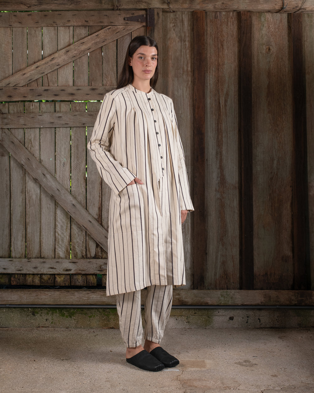 Long Jacket Linen Cotton Stripe Natural