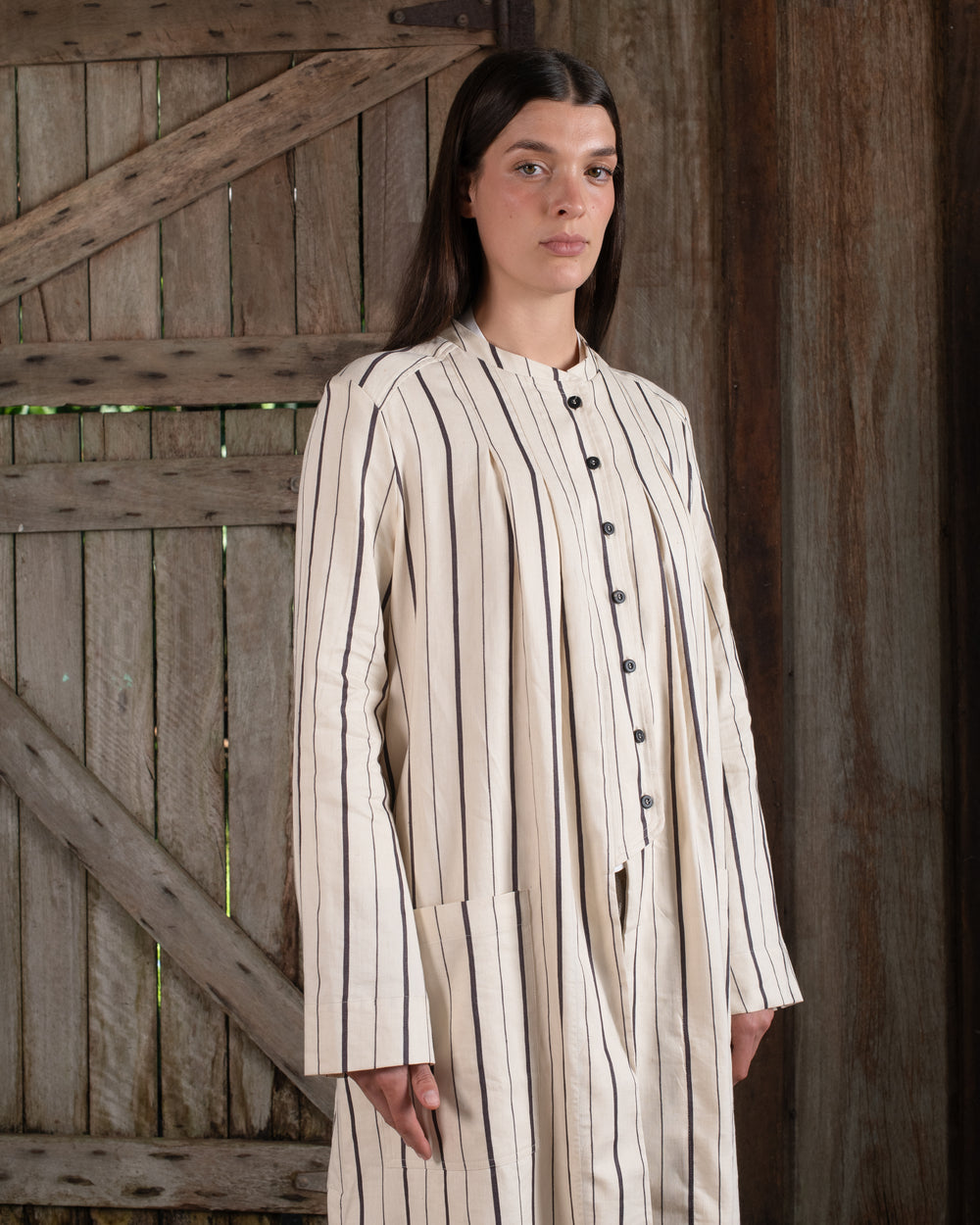Long Jacket Linen Cotton Stripe Natural