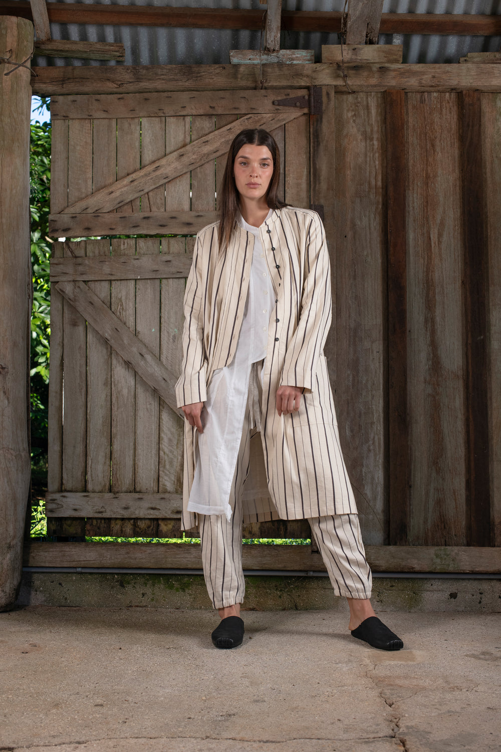 Long Jacket Linen Cotton Stripe Natural