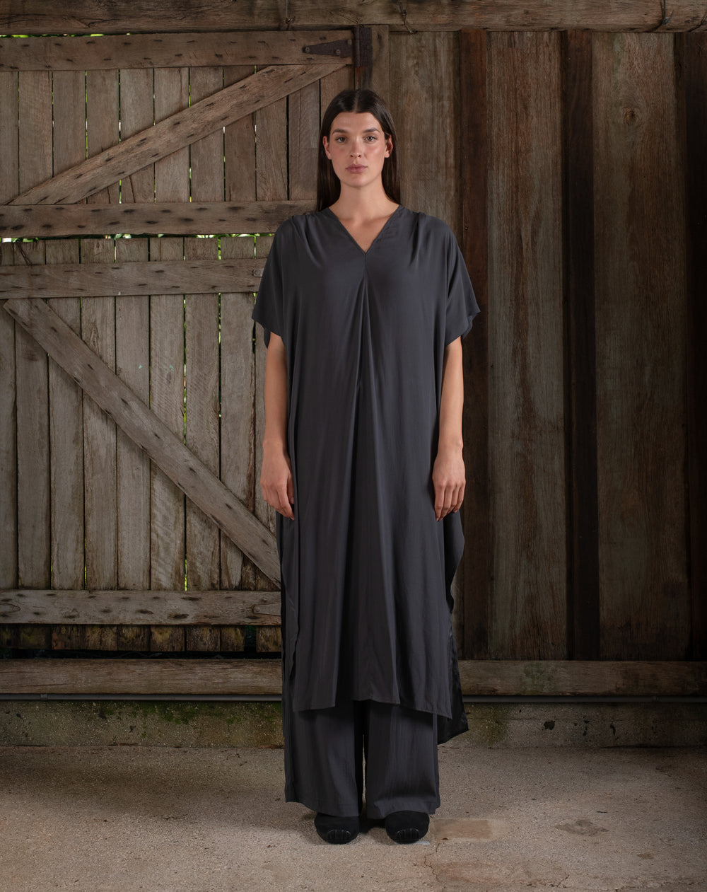 Long Kaftan Stretch Silk Charcoal