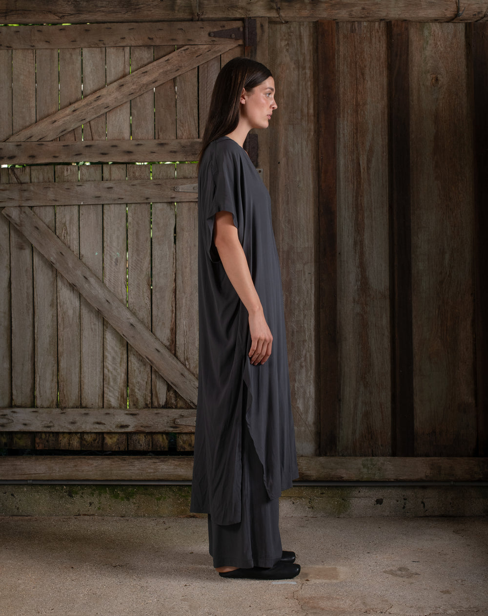 Long Kaftan Stretch Silk Charcoal