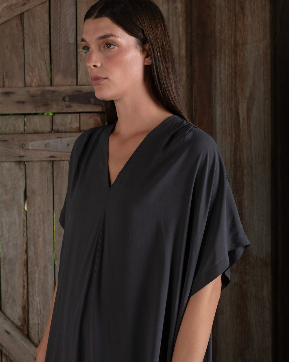 Long Kaftan Stretch Silk Charcoal