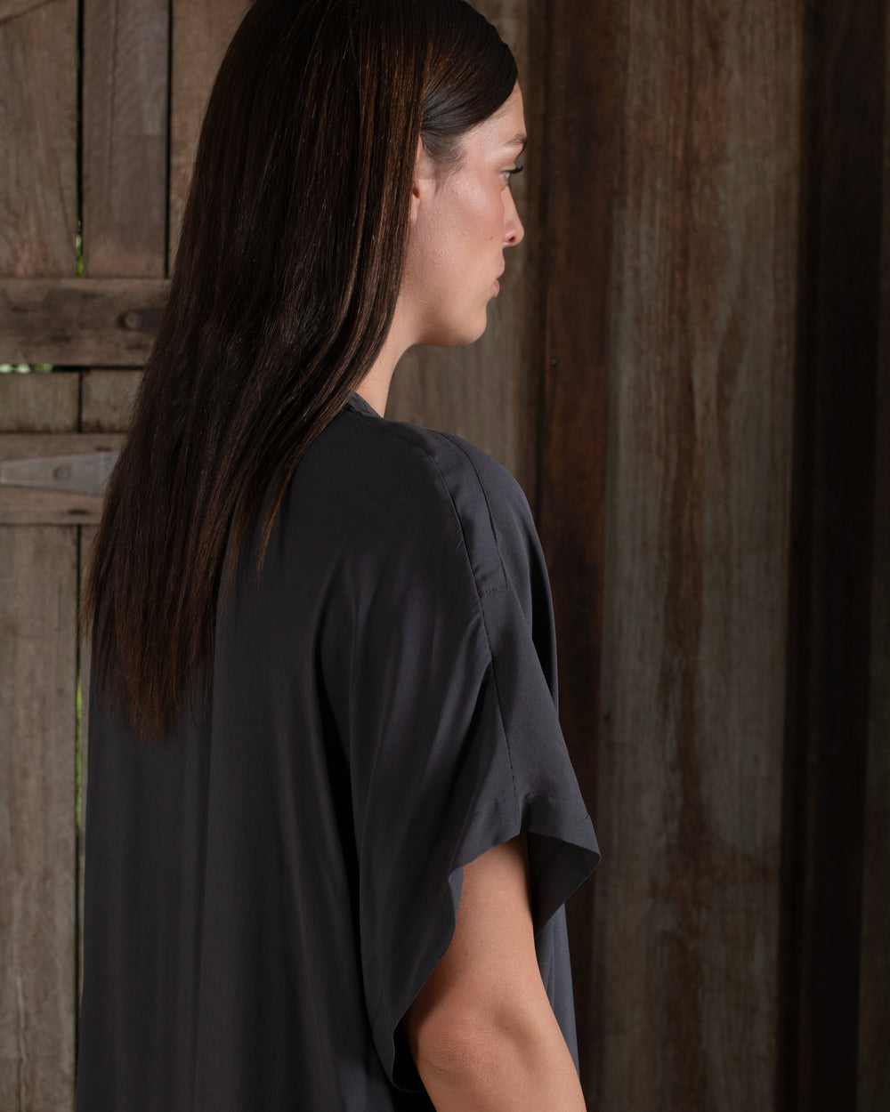 Long Kaftan Stretch Silk Charcoal
