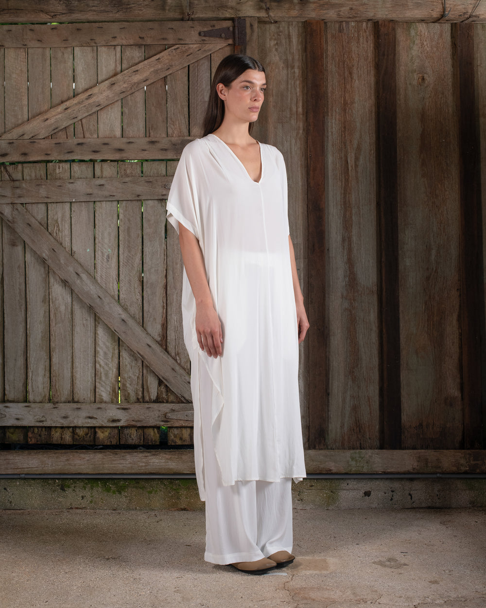 Long Kaftan Stretch Silk White