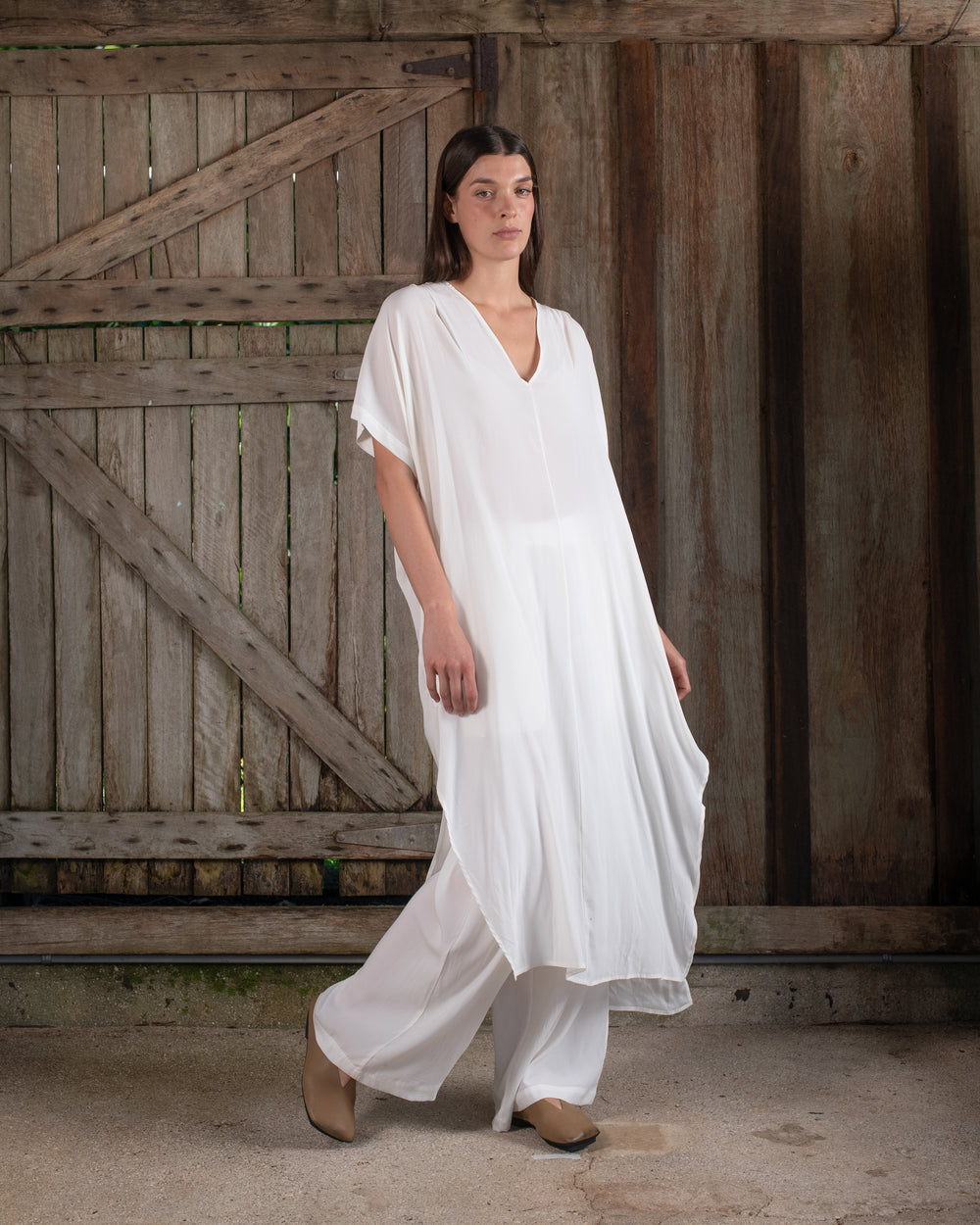 Long Kaftan Stretch Silk White