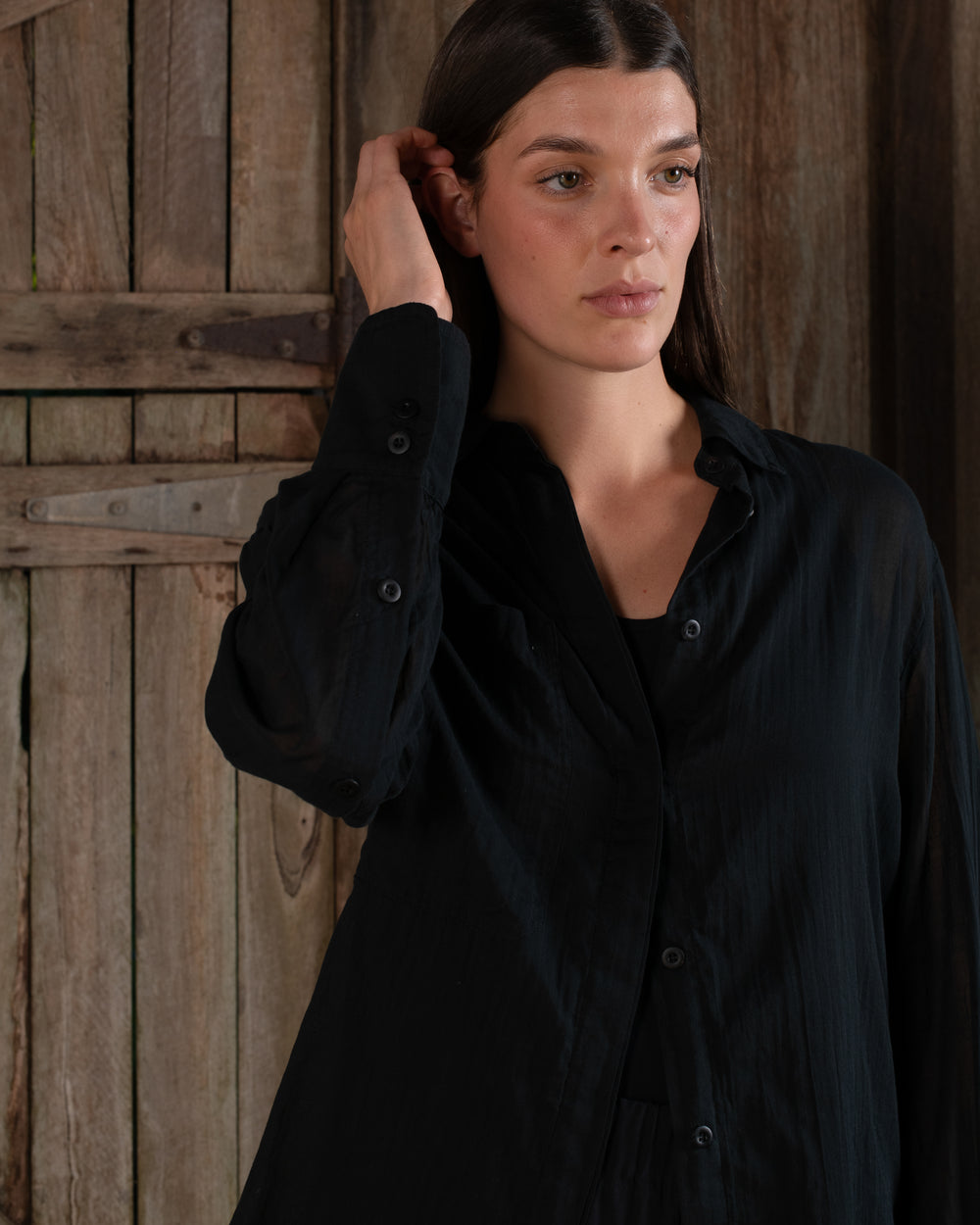 Open Sleeve Shirt Fine Cotton Voile Black