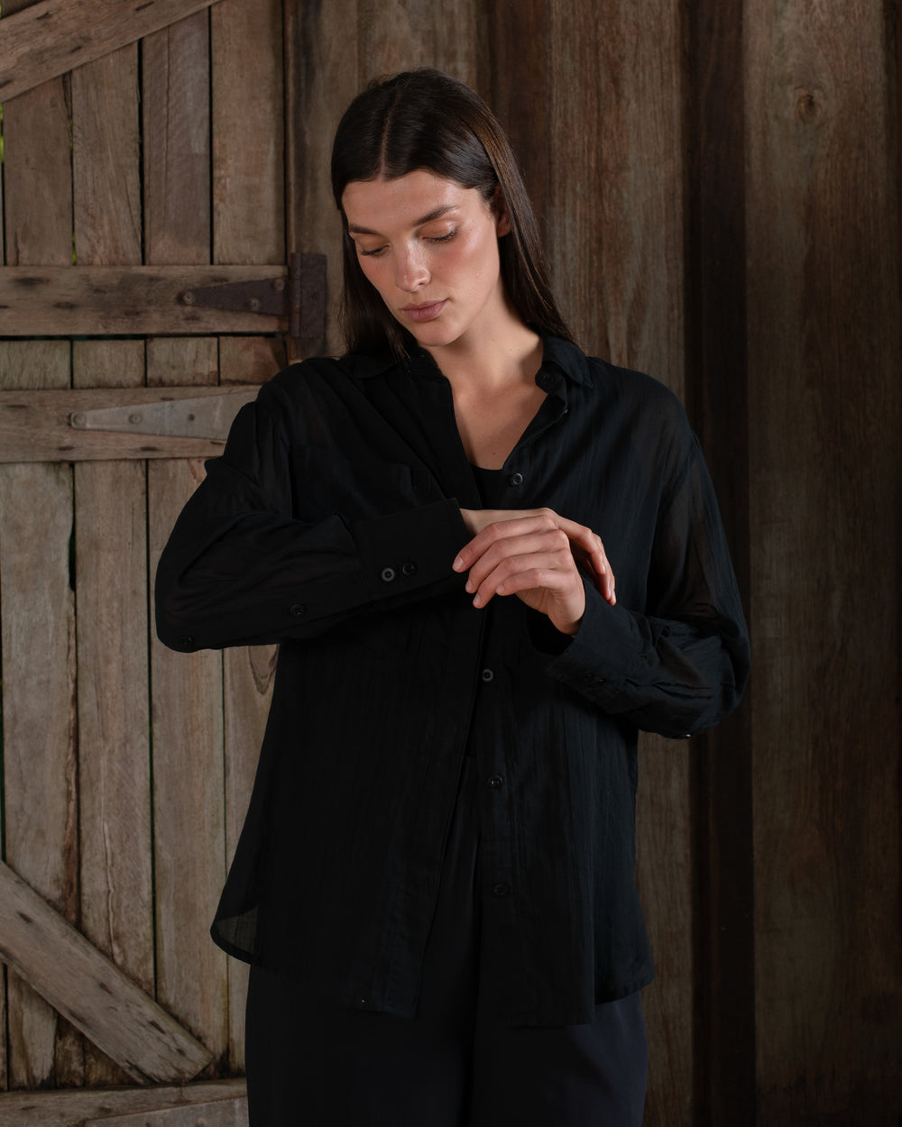 Open Sleeve Shirt Fine Cotton Voile Black