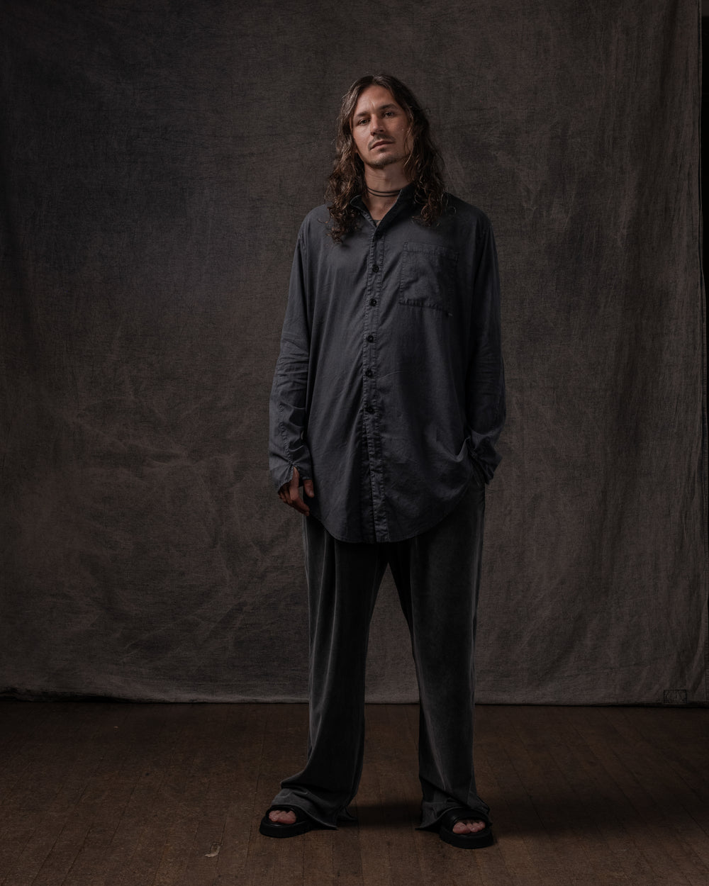 Asymmetric Shirt Fine Cotton Voile Washed Black