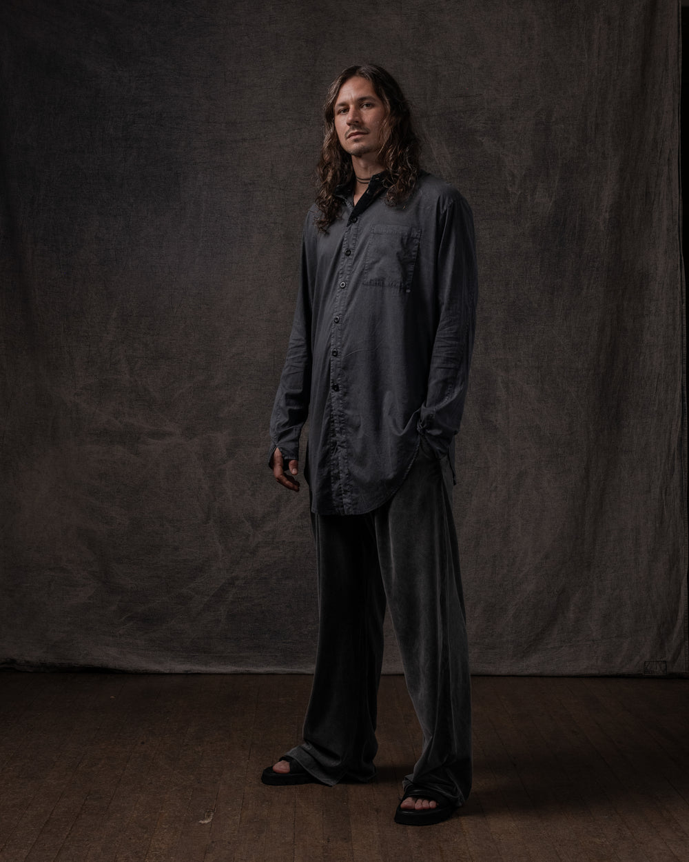 Asymmetric Shirt Fine Cotton Voile Washed Black