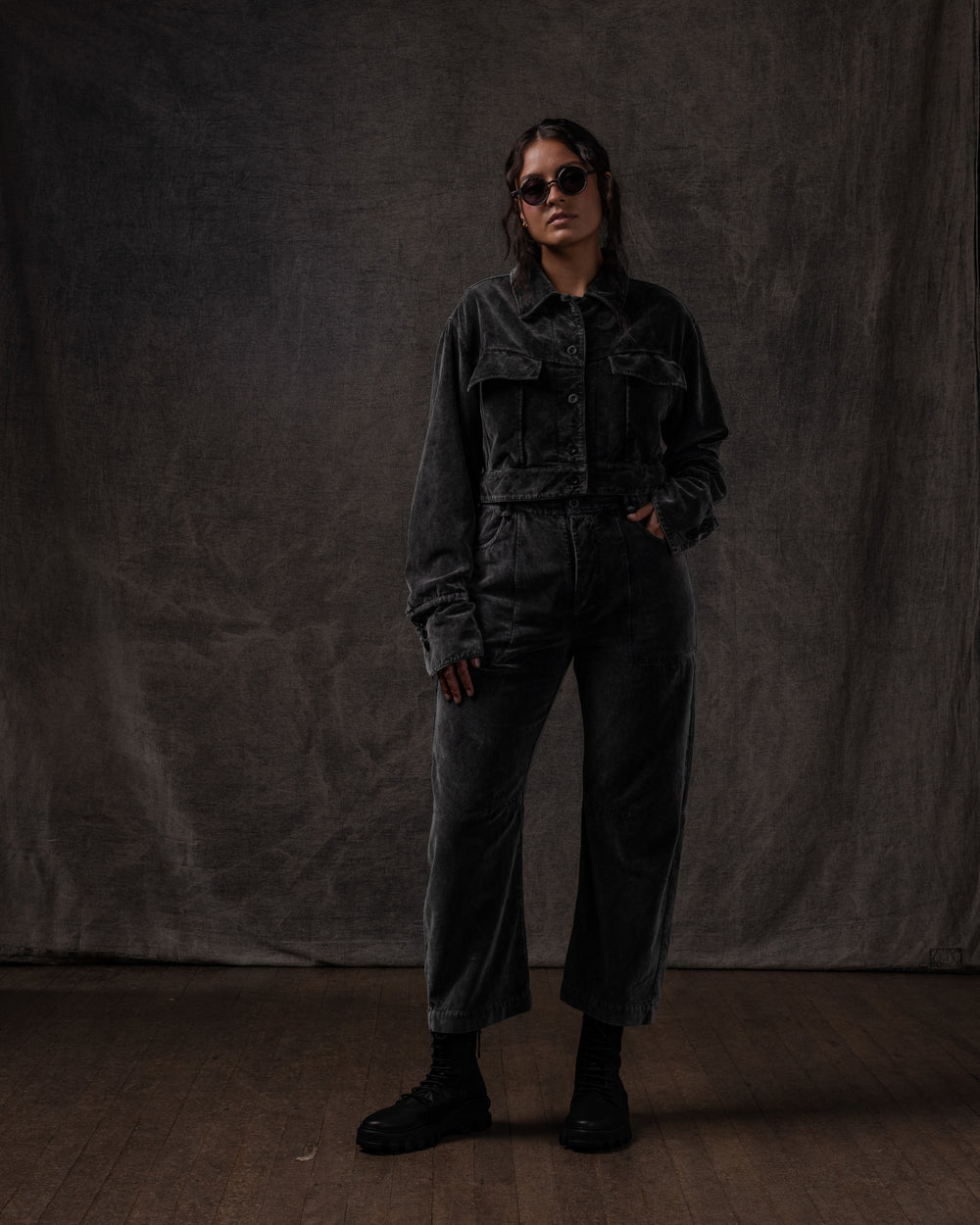 Cropped Jacket Cotton Velvet Washed Black