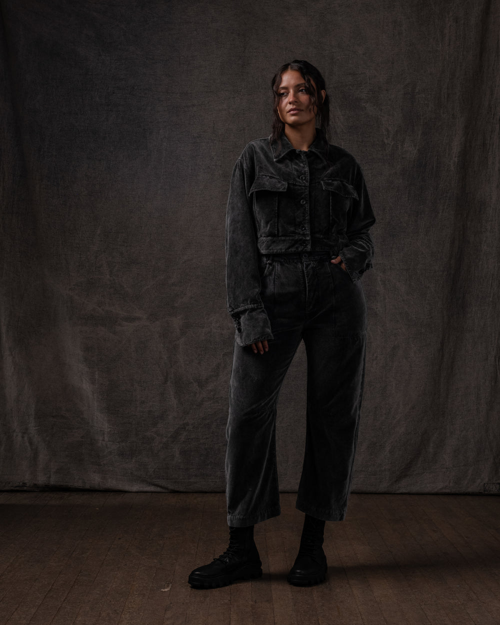 Curved Leg Pant Cotton Velvet Washed Black