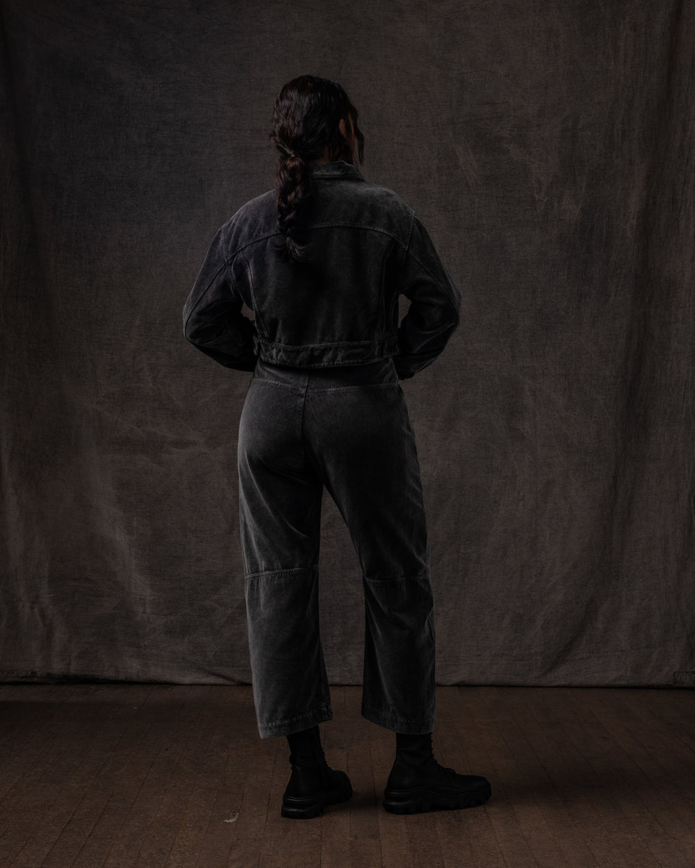 Curved Leg Pant Cotton Velvet Washed Black