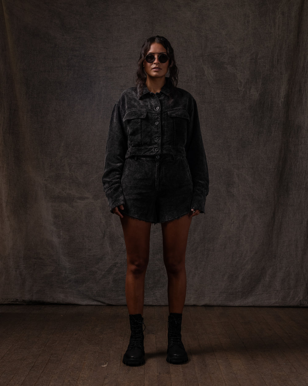 Cropped Jacket Distressed Velvet Washed Black