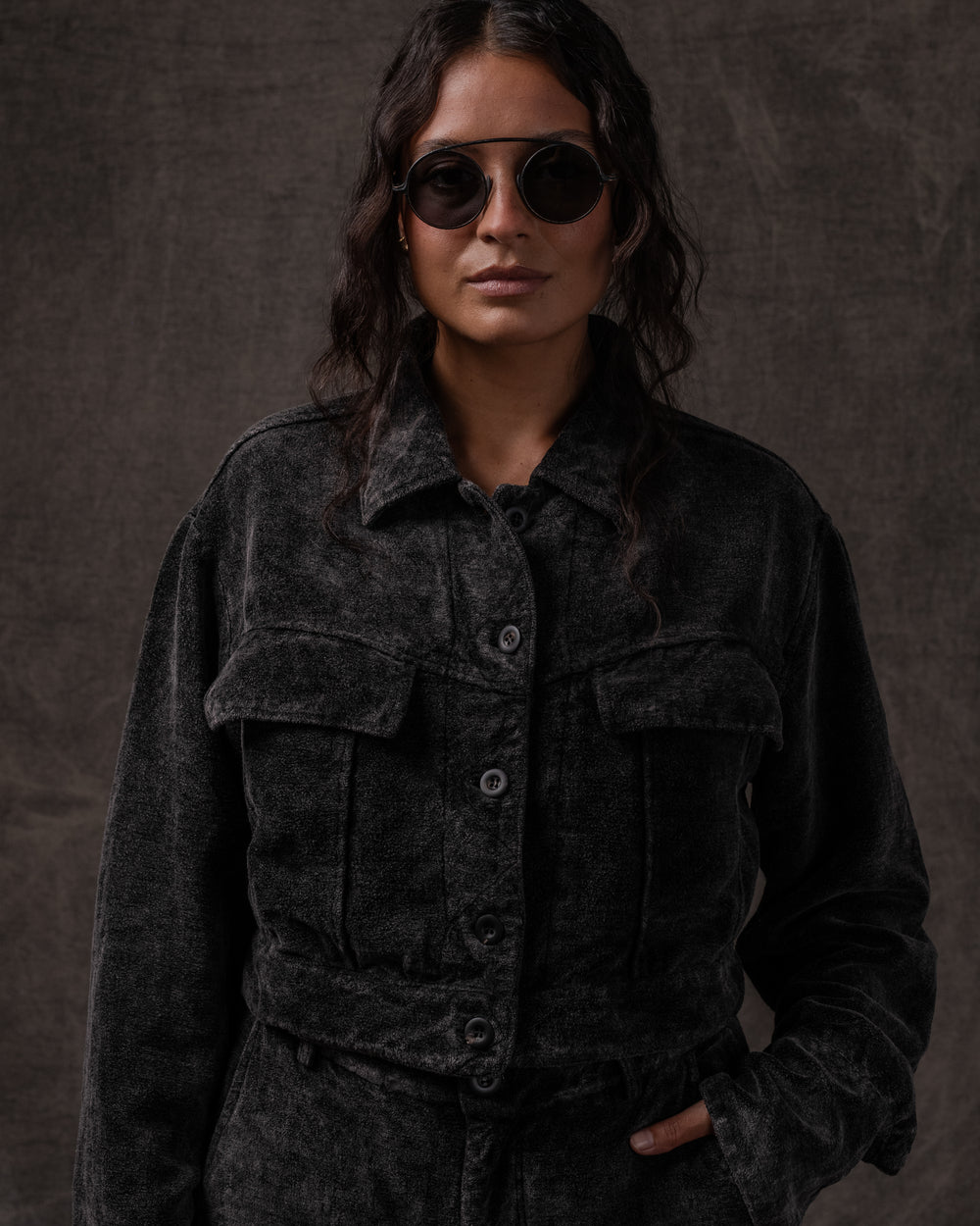 Cropped Jacket Distressed Velvet Washed Black