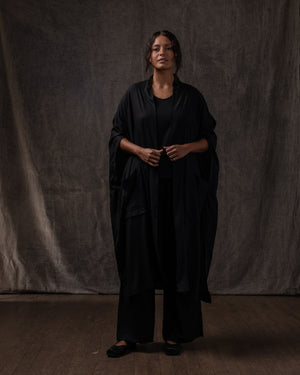 Sleeveless Kimono Silk Satin Stretch Black