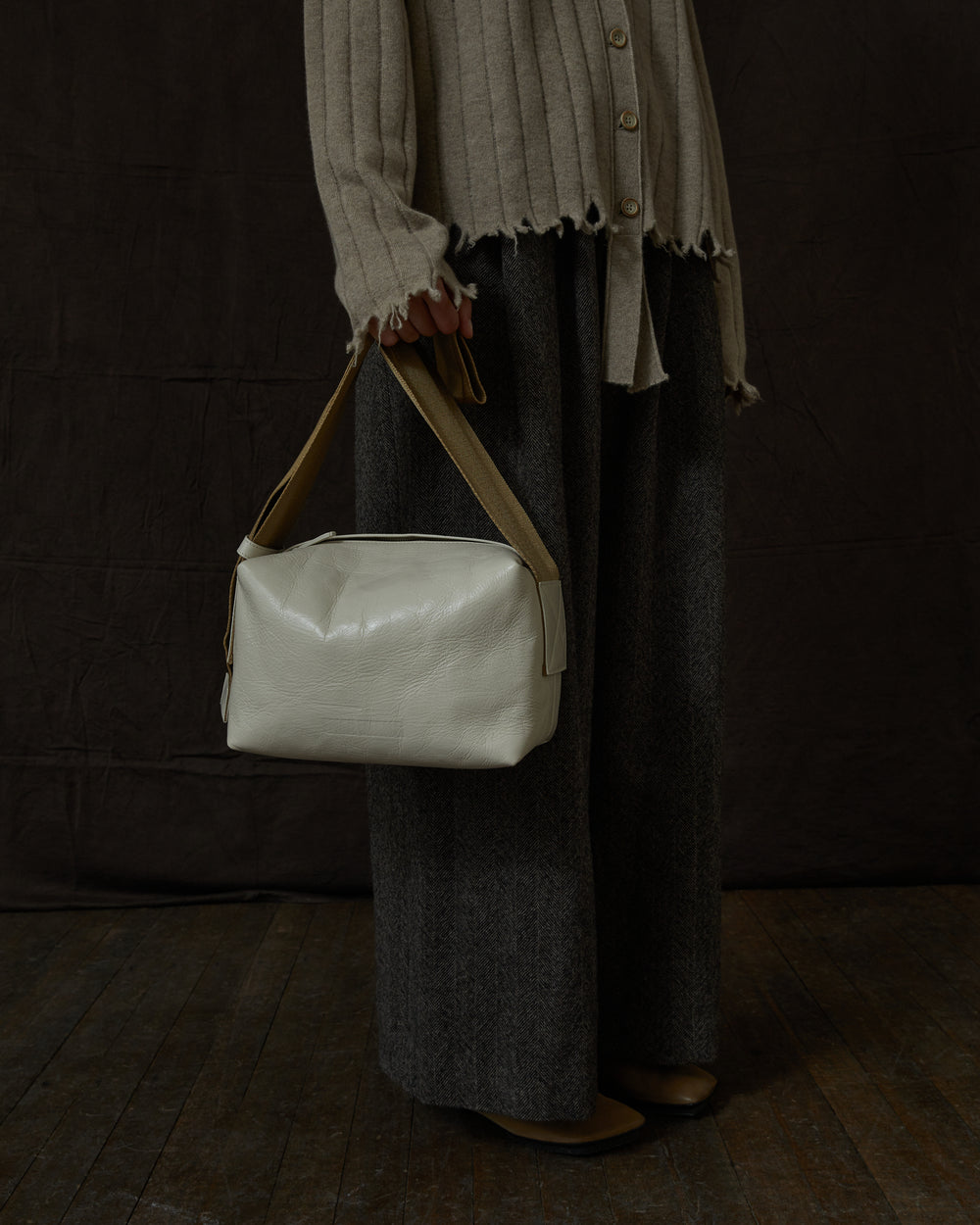 Medium Shoulder Bag White w/ Mustard Strap