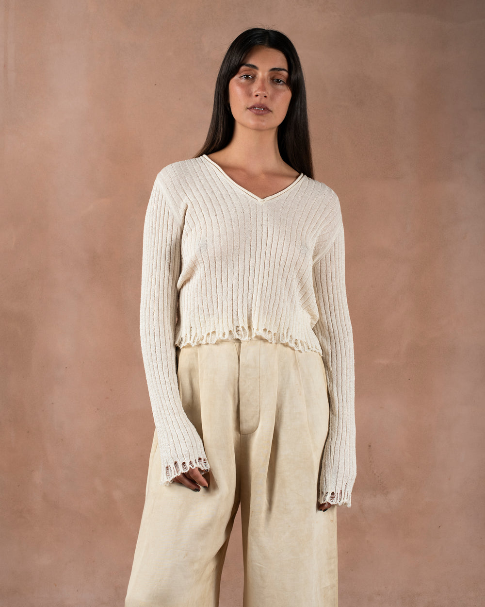 Frayed Crop Top Cotton Silk Off White