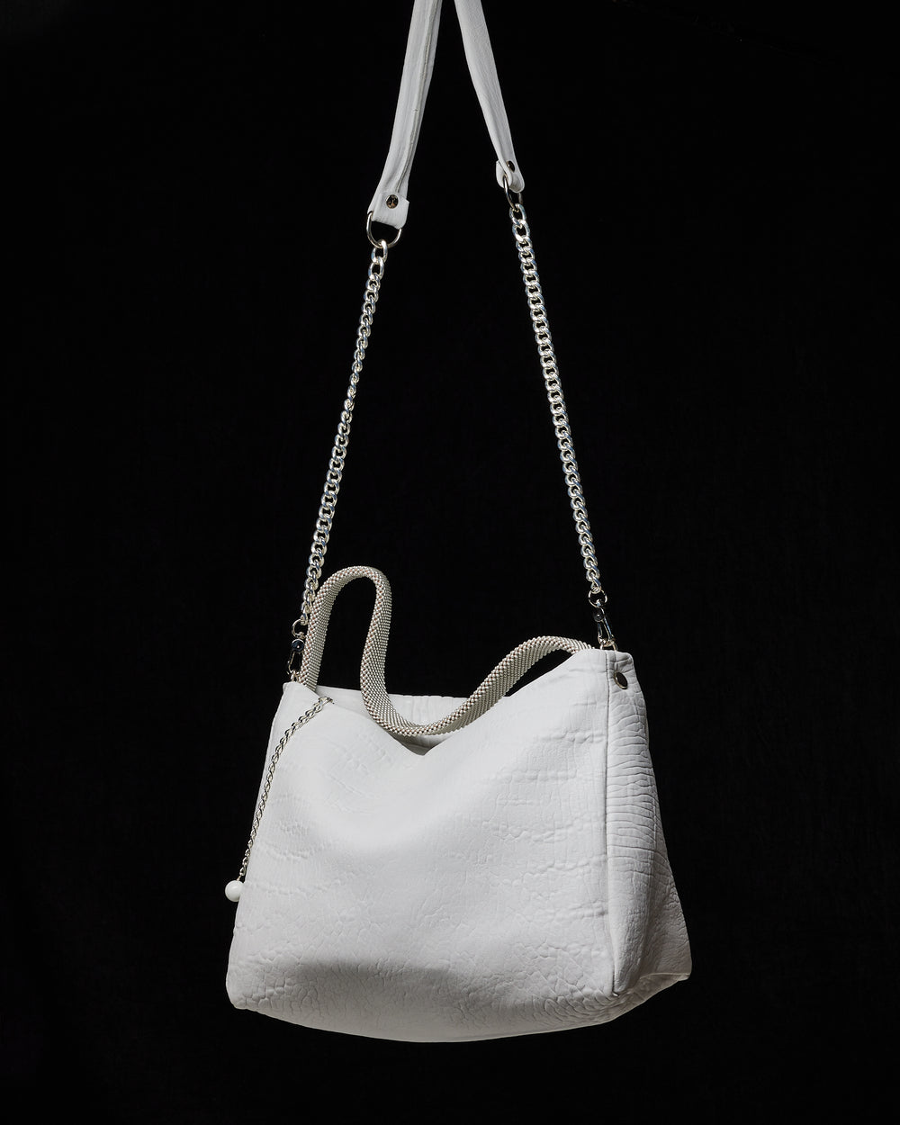 White Paula Leather Shoulder Bag with Silver Chain