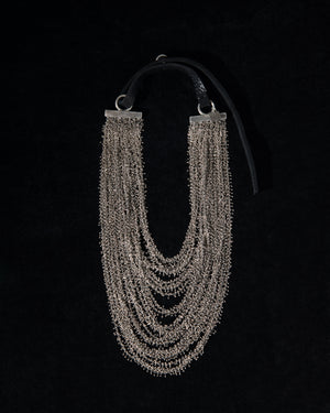Multi Silver Chains Necklace w/ Leather Strap CN173