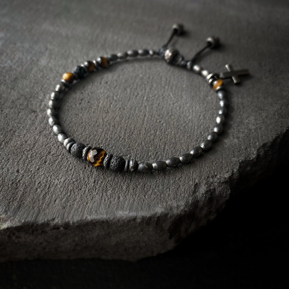 Silver Gypsy Beads Layering Bracelet w/ Tigers Eye + Lava Stone