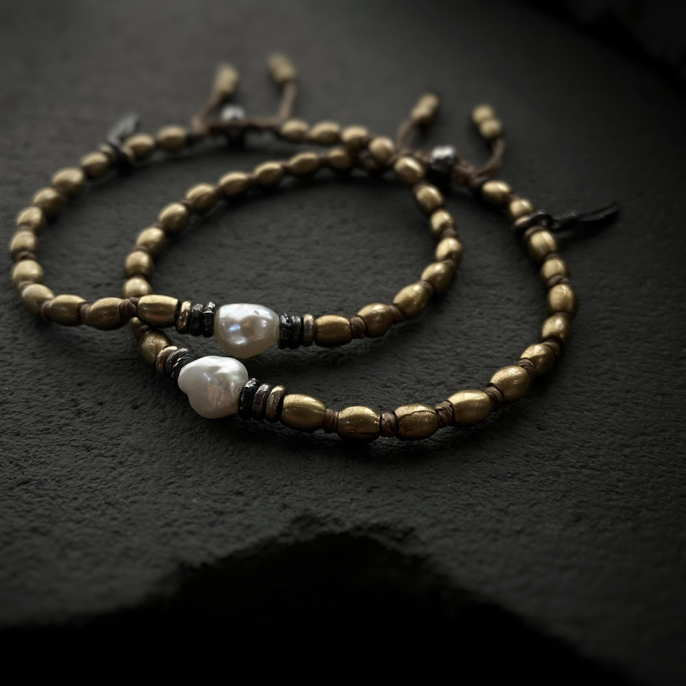 Brass Gypsy Prayer Beads Layering Bracelet w/ Pearl